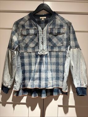 Chelsea & Violet Blue Plaid Button-Front Shirt with Washed Denim Sleeves